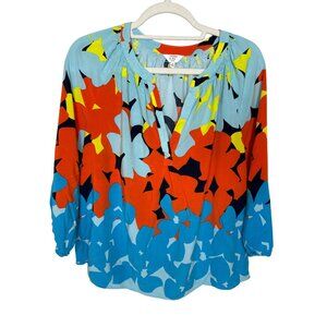 Crown & Ivy Plus Size 1X Floral Peasant Blouse Blue Orange